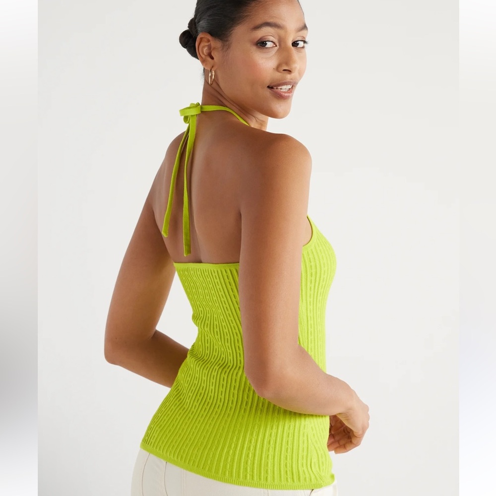 43) One Scoop Women's Sleeveless Halter Tie Pullover Sweater sz XL NWT pink lime - Picture 2 of 9